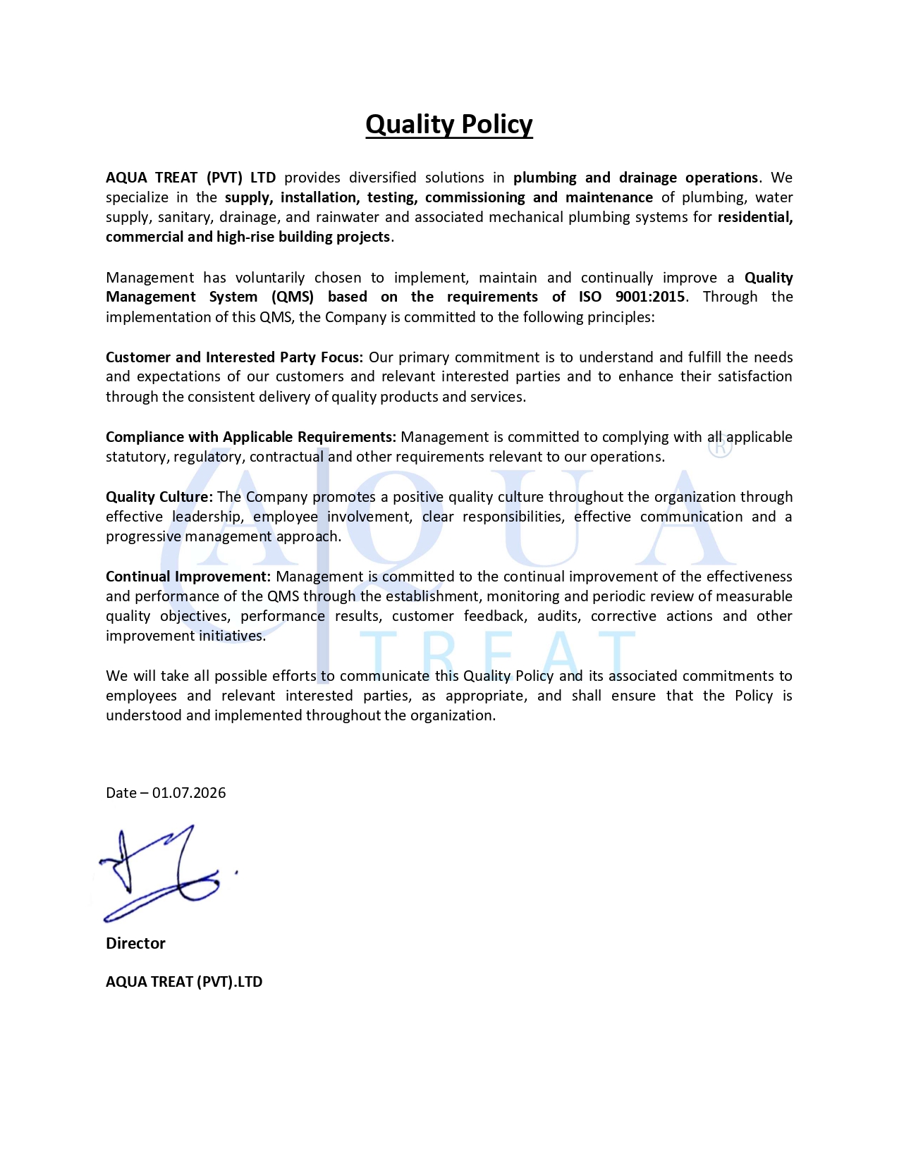 Aqua Treat Quality Policy Document
